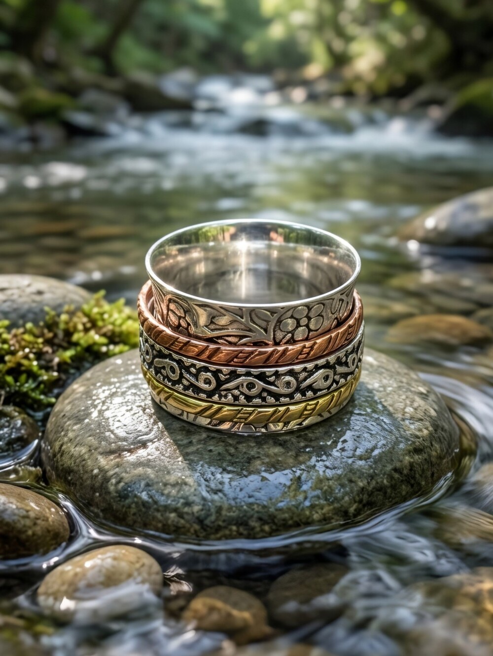 925 Sterling Silver Brass Copper Three Tone Spinner Meditation Fidget Ring Sz 6